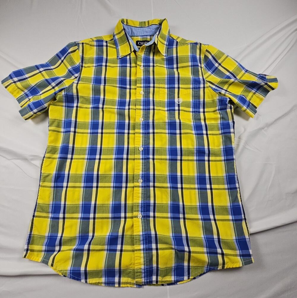 Mens M Yellow Blue Plaid Short Sleeve Button Down Shirt by Chaps